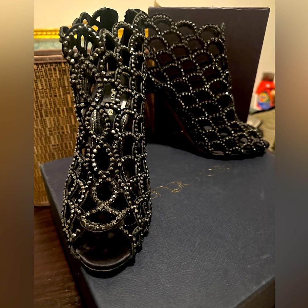 Sergio Rossi Women Leather Sandal size 9/40 , Dark Navy Color( Sparkling Net)